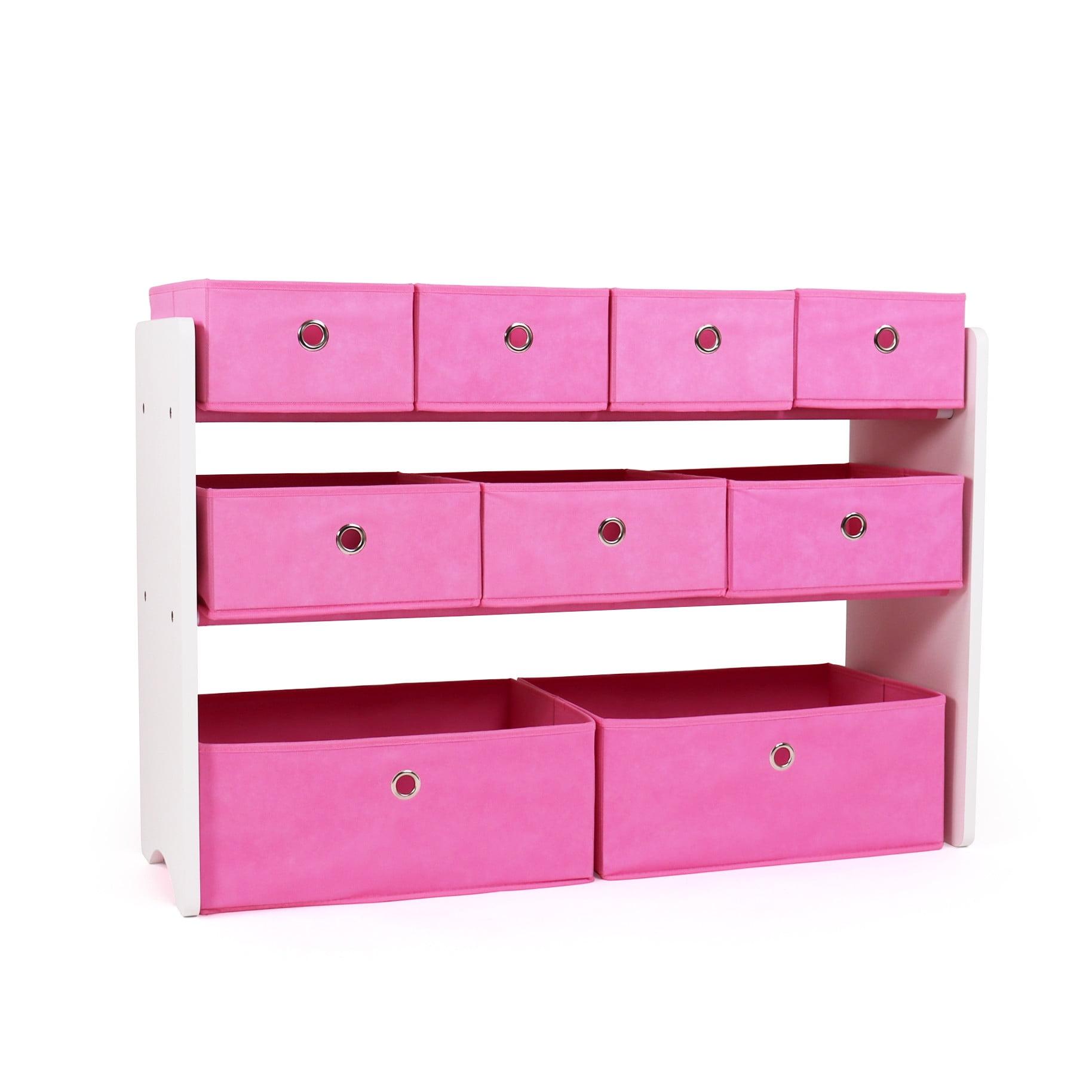 White and Pink 3-Tier Kids Storage Organizer with Fabric Bins