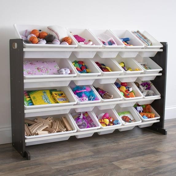 Extra Large Kids' Toy Storage Organizer with 20 Storage Bins Espresso/White - Humble Crew: Playroom Bin Shelf, MDF