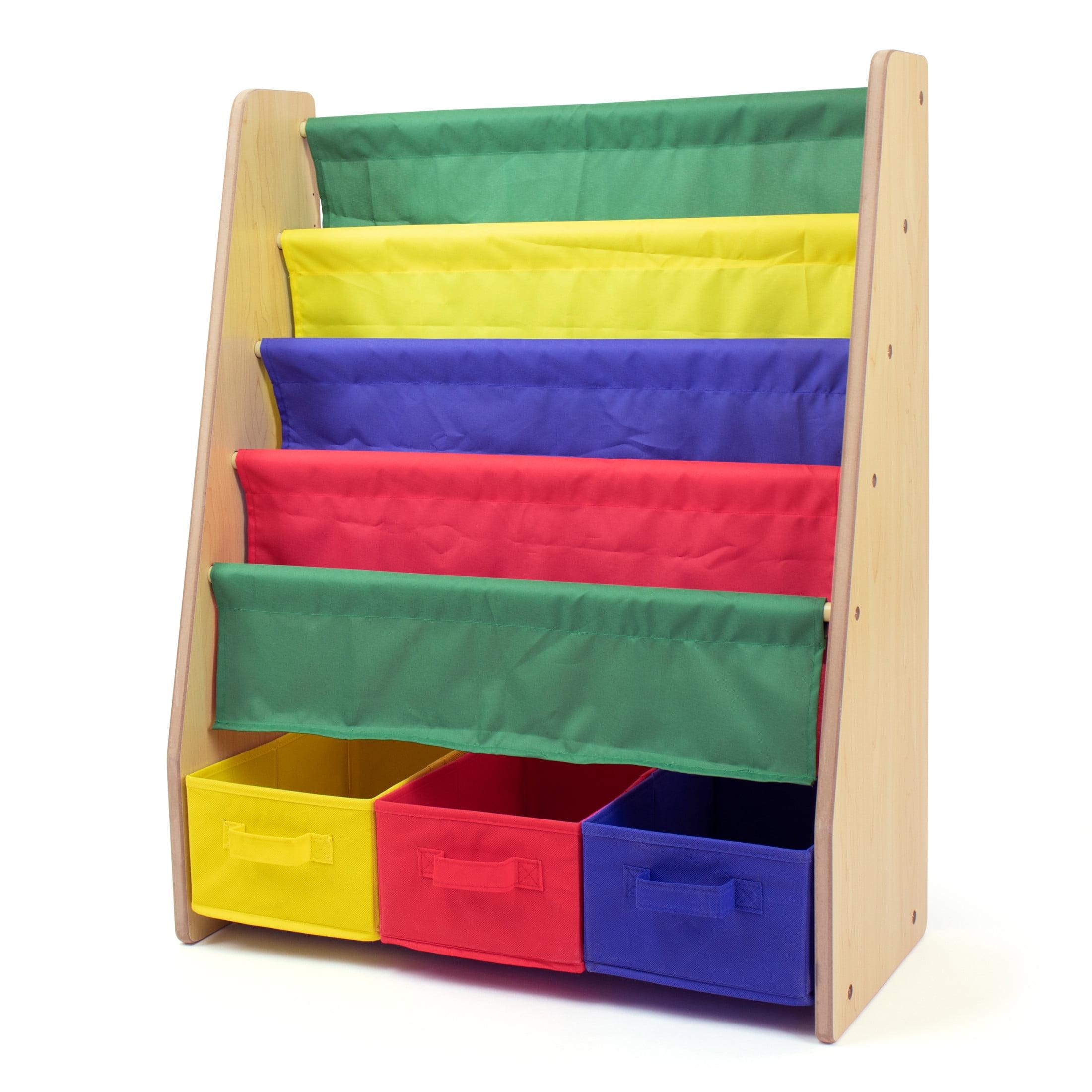 Natural Wood Kids Bookshelf with Primary Colored Fabric Bins