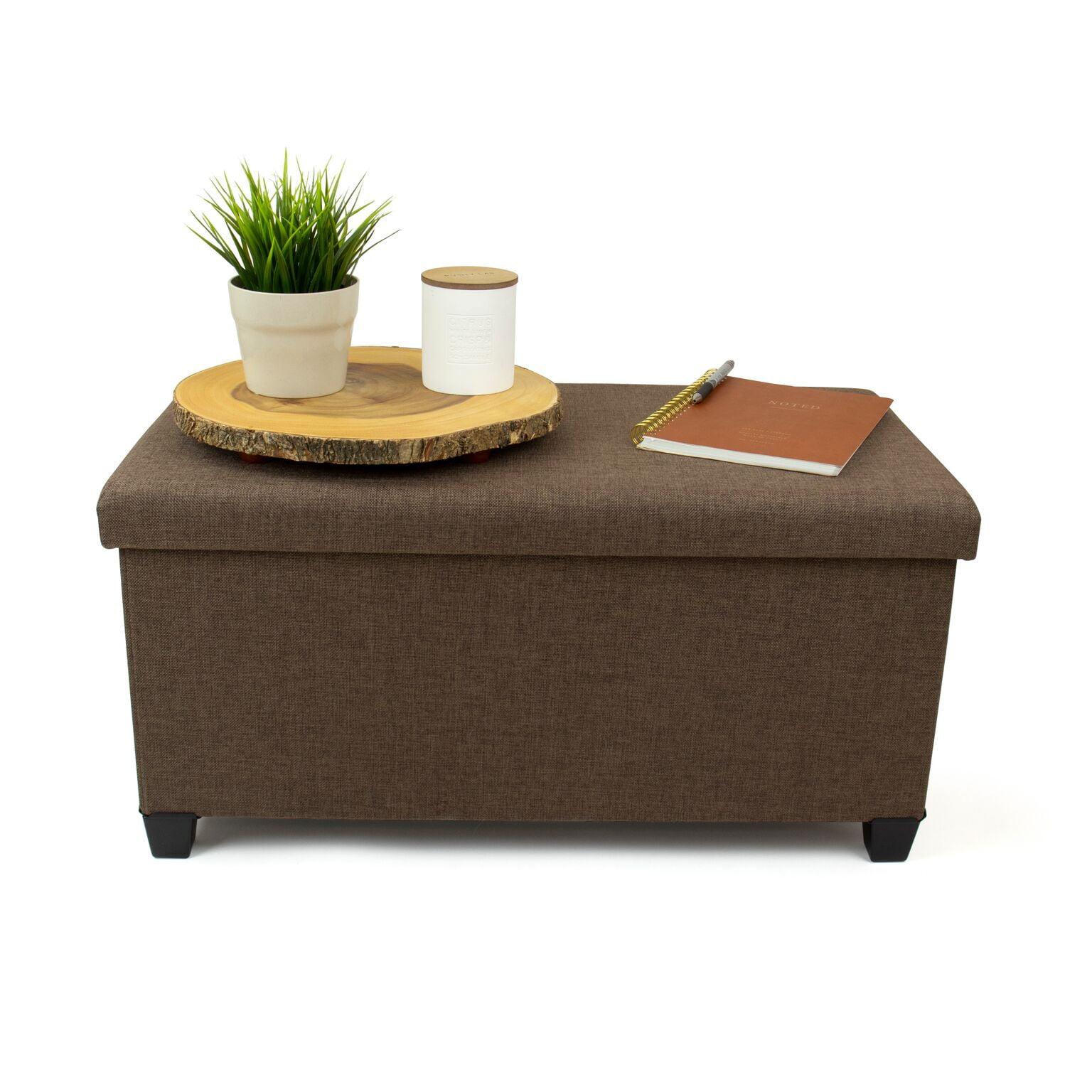 Dark Brown Rubberwood Storage Ottoman with Foam Padding