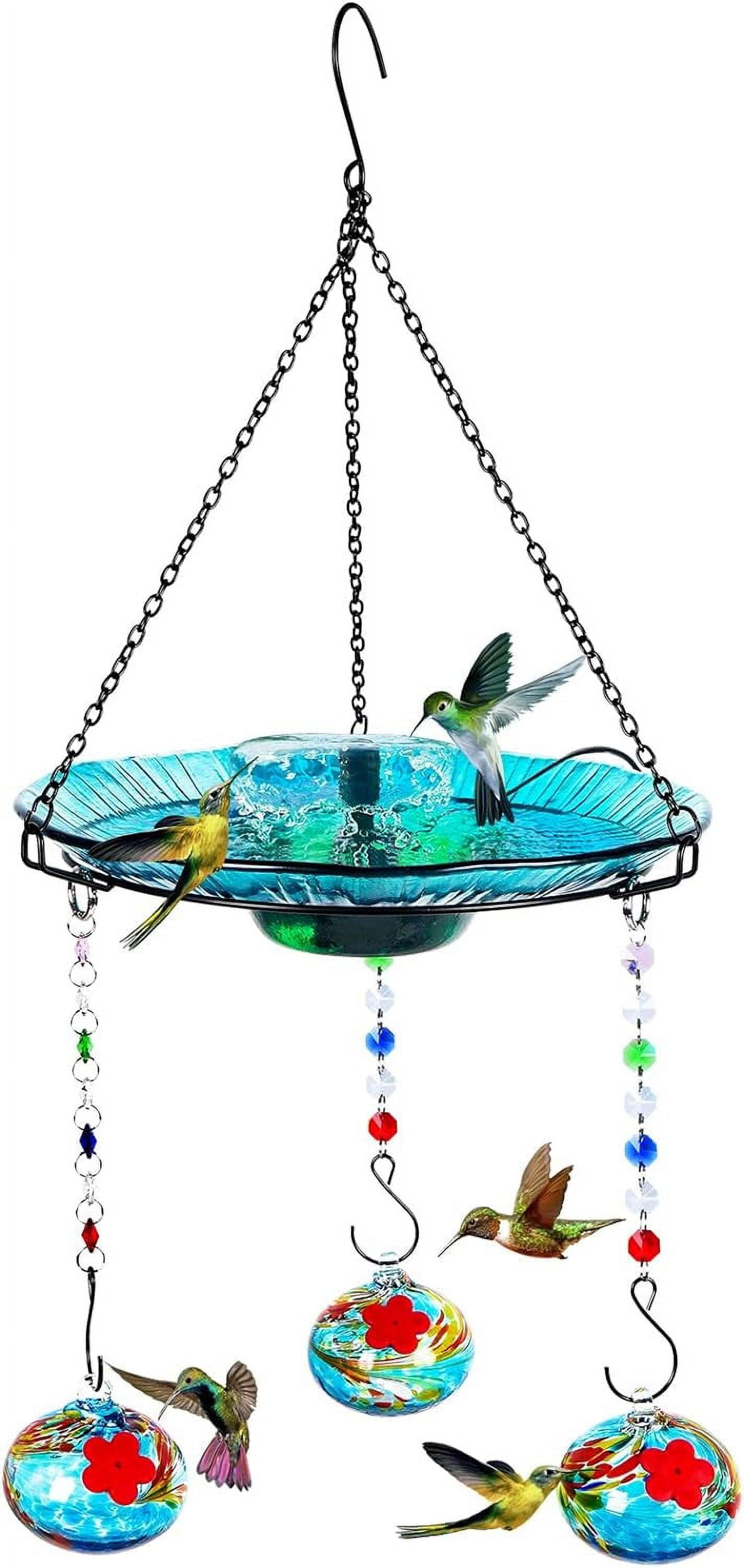 Hanging Glass and Plastic Hummingbird Feeder with Solar Bird Bath