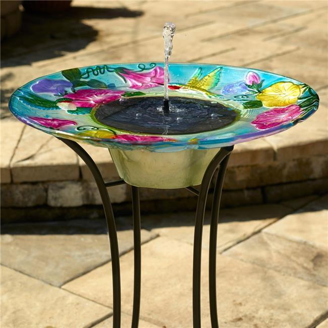 Hummingbird Hand-Painted Glass Solar Birdbath with Steel Stand