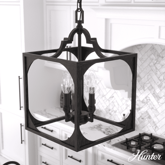 Hunter - Highland Hill 4-light Rustic Iron, Medium Size Pendant Light, Dimmable, Formal Style, Lantern Shaped, for Bedrooms, Kitchens, Dining, Living Rooms - 19283