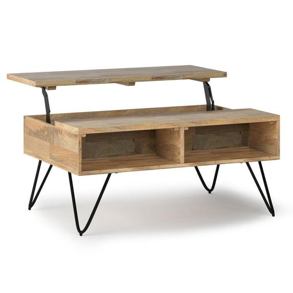 Hunter Solid Wood Industrial Small Lift Top Coffee Table with Hidden Storage and Metal Hairpin Legs.