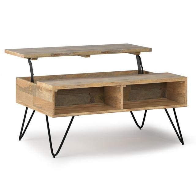 Hunter Solid Wood Industrial Small Lift Top Coffee Table with Hidden Storage and Metal Hairpin Legs.