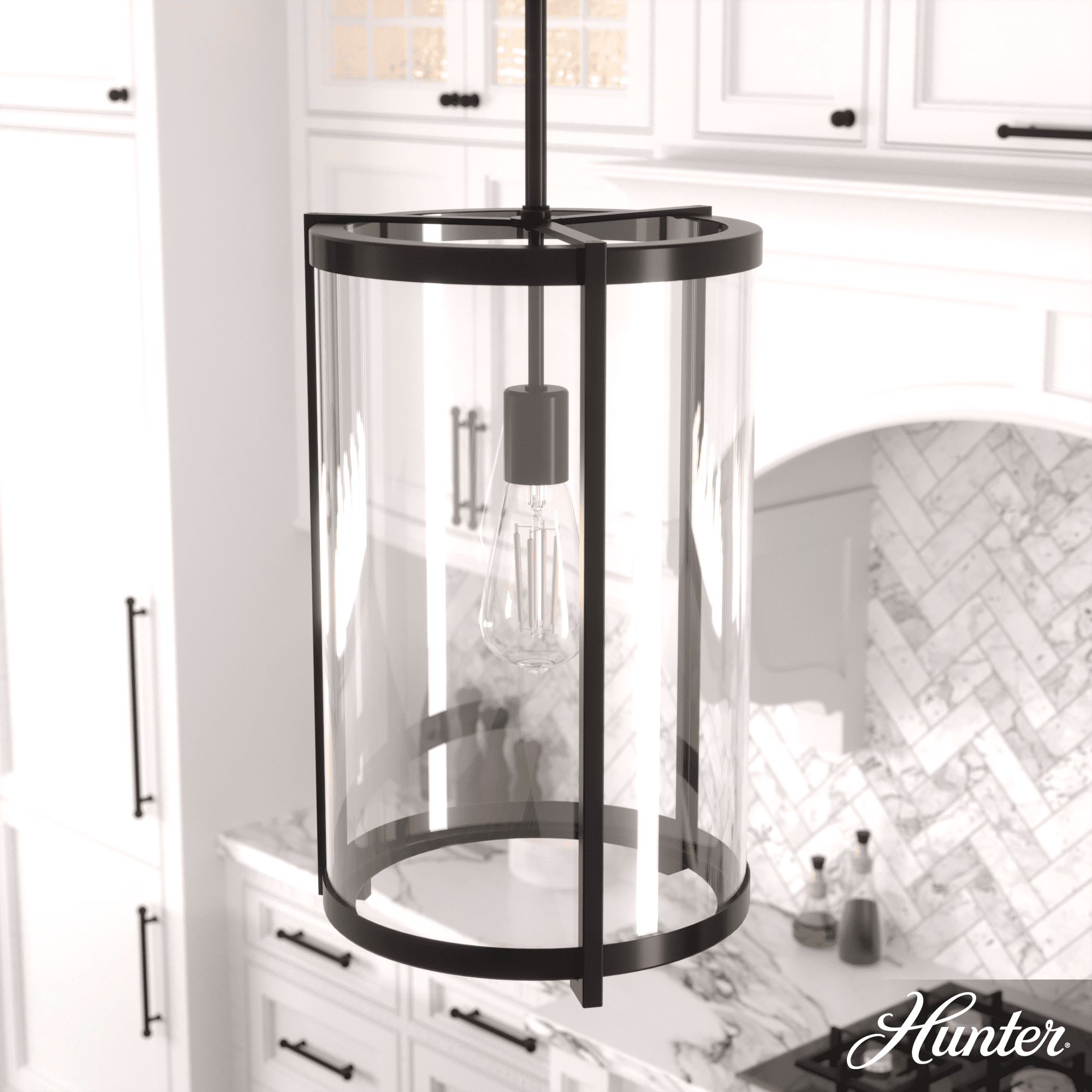 Hunter - Astwood 1-light Matte Black, Medium Size Pendant Light, Dimmable, Caged Style, Cylinder Shaped, for Bedrooms, Kitchens, Dining, Living Rooms - 19123