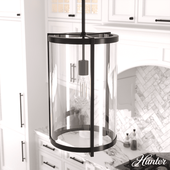 Hunter - Astwood 1-light Matte Black, Medium Size Pendant Light, Dimmable, Caged Style, Cylinder Shaped, for Bedrooms, Kitchens, Dining, Living Rooms - 19123