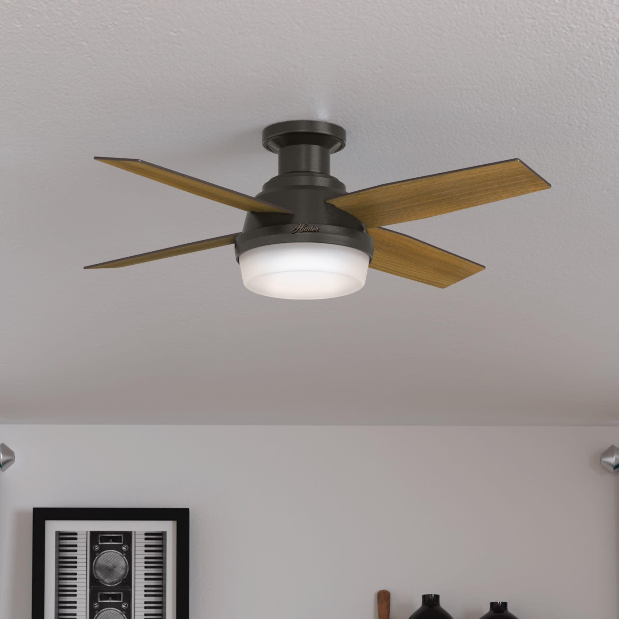 Hunter Fan Dempsey Low Profile 44" 4 - Blade Indoor Flush Mount Small Room Ceiling Fan with Lights and Remote