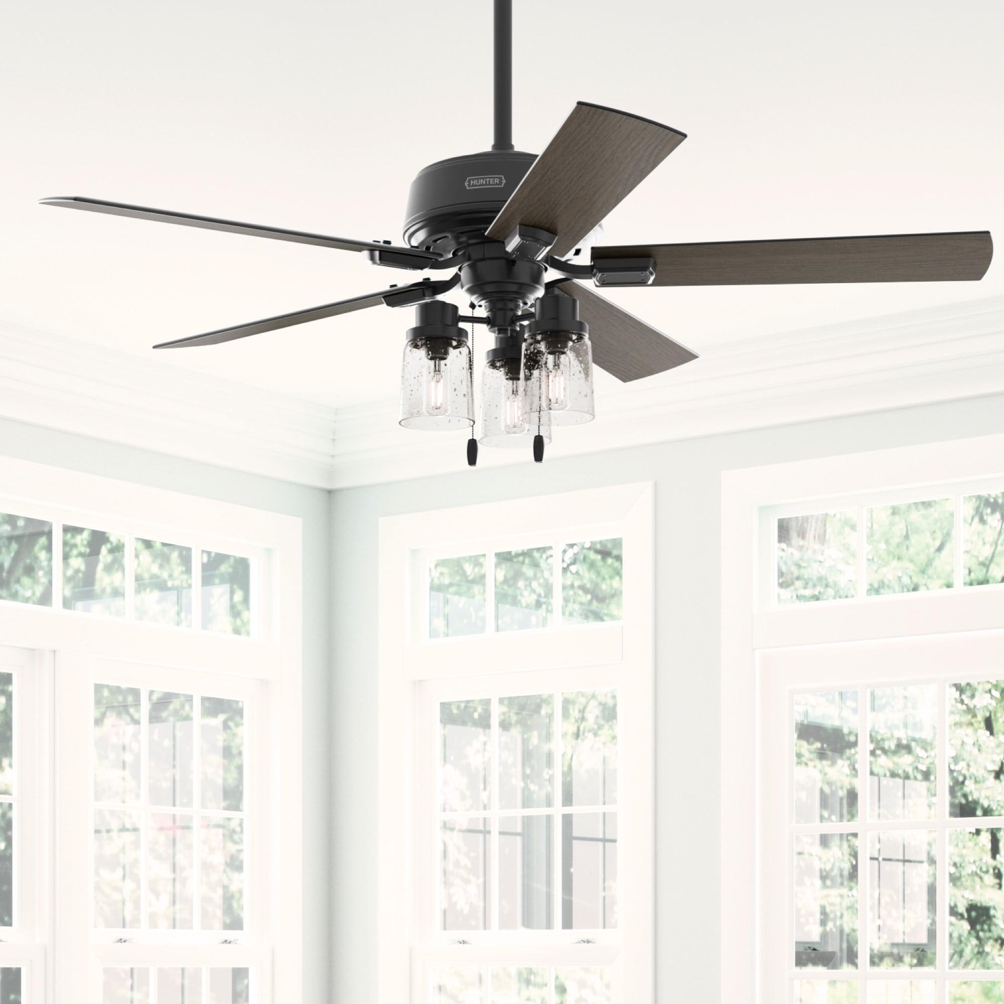 Hunter - Hartland Indoor Ceiling Fan With Light, 52-inch, Matte Black, Casual-style, 3-speed WhisperWind Motor, 51745, for living rooms, bedrooms, home offices, kitchens