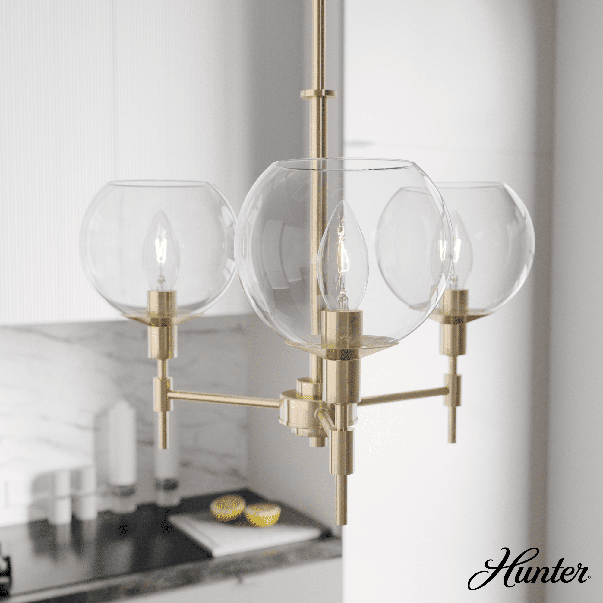 Hunter - Xidane 3-light Alturas Gold, Medium Size Chandelier, Dimmable, Mid Century Modern Style, Candle Shaped, for Bedrooms, Dining, Living Rooms - 19739