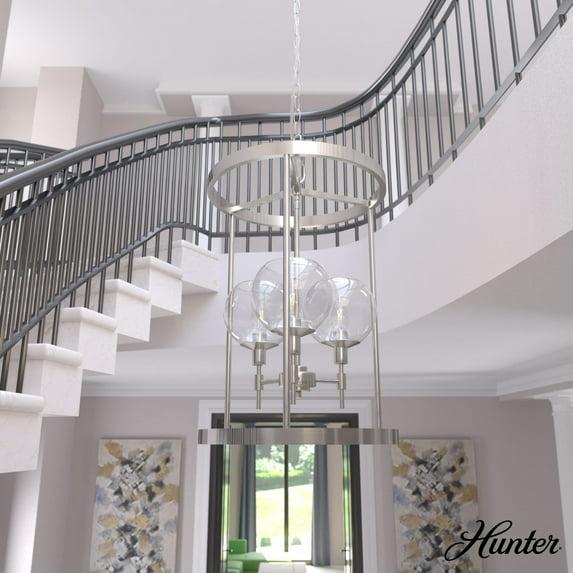 Hunter - Xidane 3-light Brushed Nickel, Medium Size Pendant Light, Dimmable, Mid Century Modern Style, Cylinder Shaped, for Bedrooms, Kitchens, Dining, Living Rooms - 19750