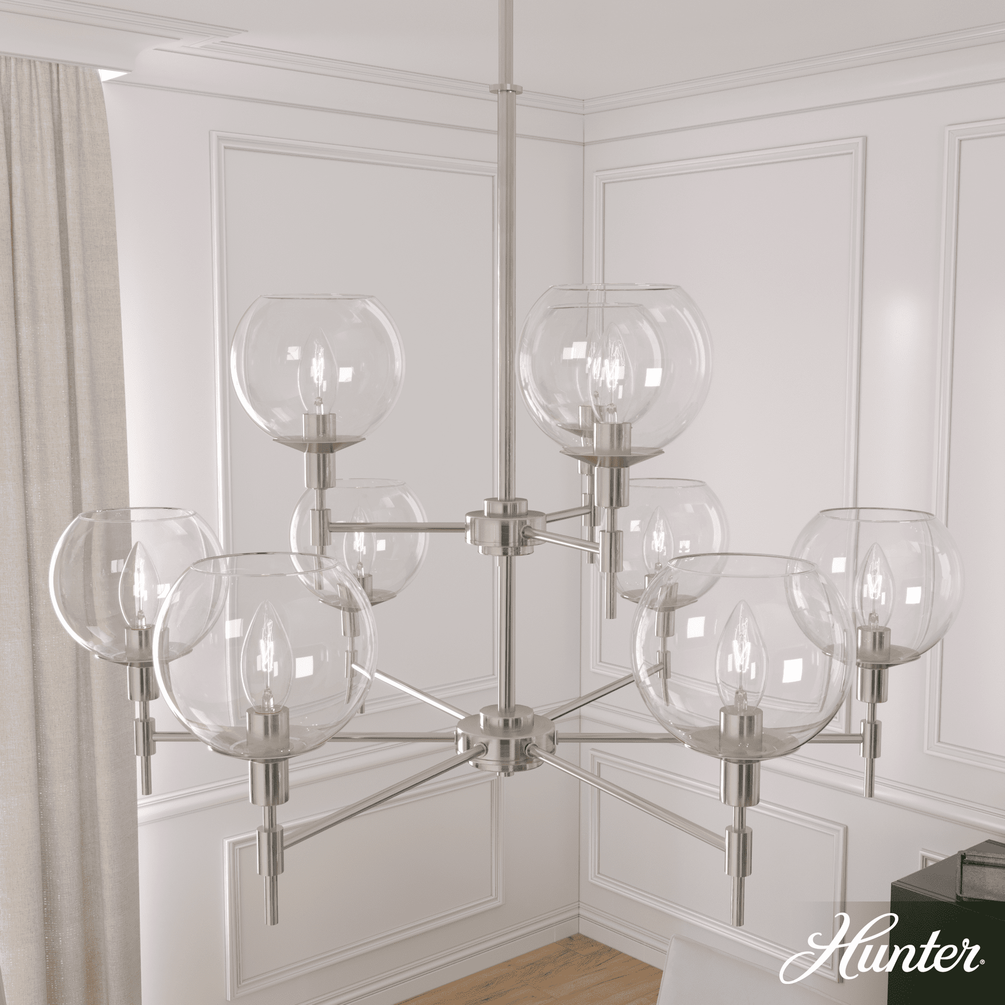 Hunter - Xidane 9-light Brushed Nickel, Large Chandelier, Dimmable, Round Shaped, for Bedrooms, Kitchens, Dining, Living Rooms - 19746