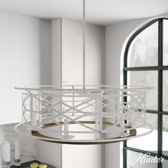 Hunter - Langwood 6-light Distressed White, Large Chandelier, Dimmable, Rustic Style, Drum Shaped, for Bedrooms, Kitchens, Dining, Living Rooms - 19330