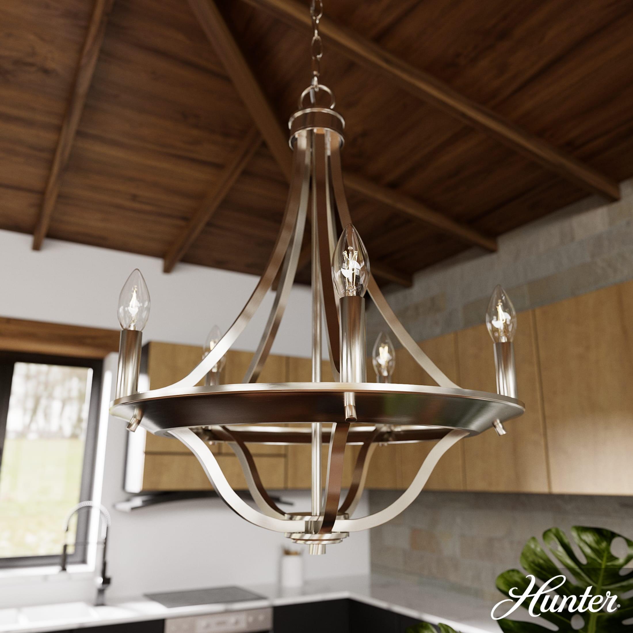 Hunter - Perch Point 5-light Brushed Nickel, Medium Size Chandelier, Dimmable, Casual Style, Empire Shaped, for Bedrooms, Kitchens, Dining, Living Rooms - 19425