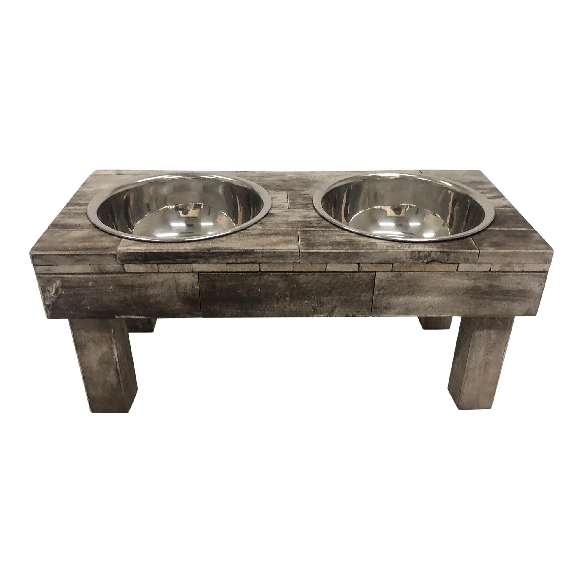 Huntley Pet Berjen Table Elevated Double Bowl Pet Feeder, Brown Wash (Large)