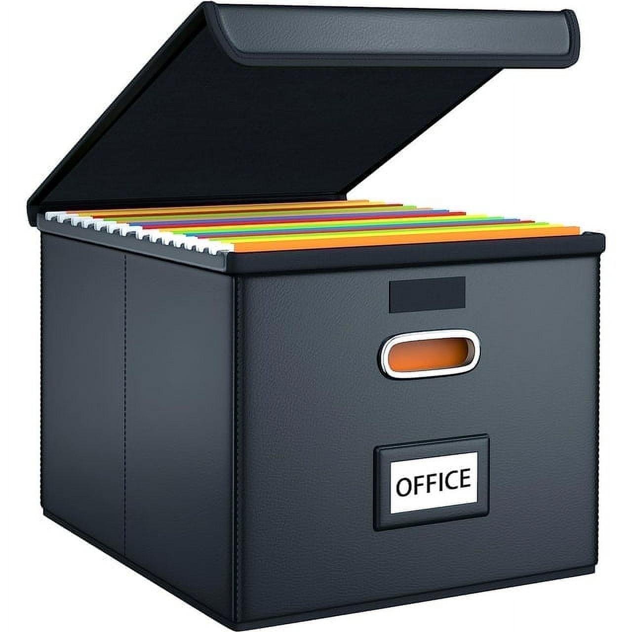 Gijjgole Collapsible Faux Leather Hanging File Folder Box Organizer with lid and Plastic Slides, Black