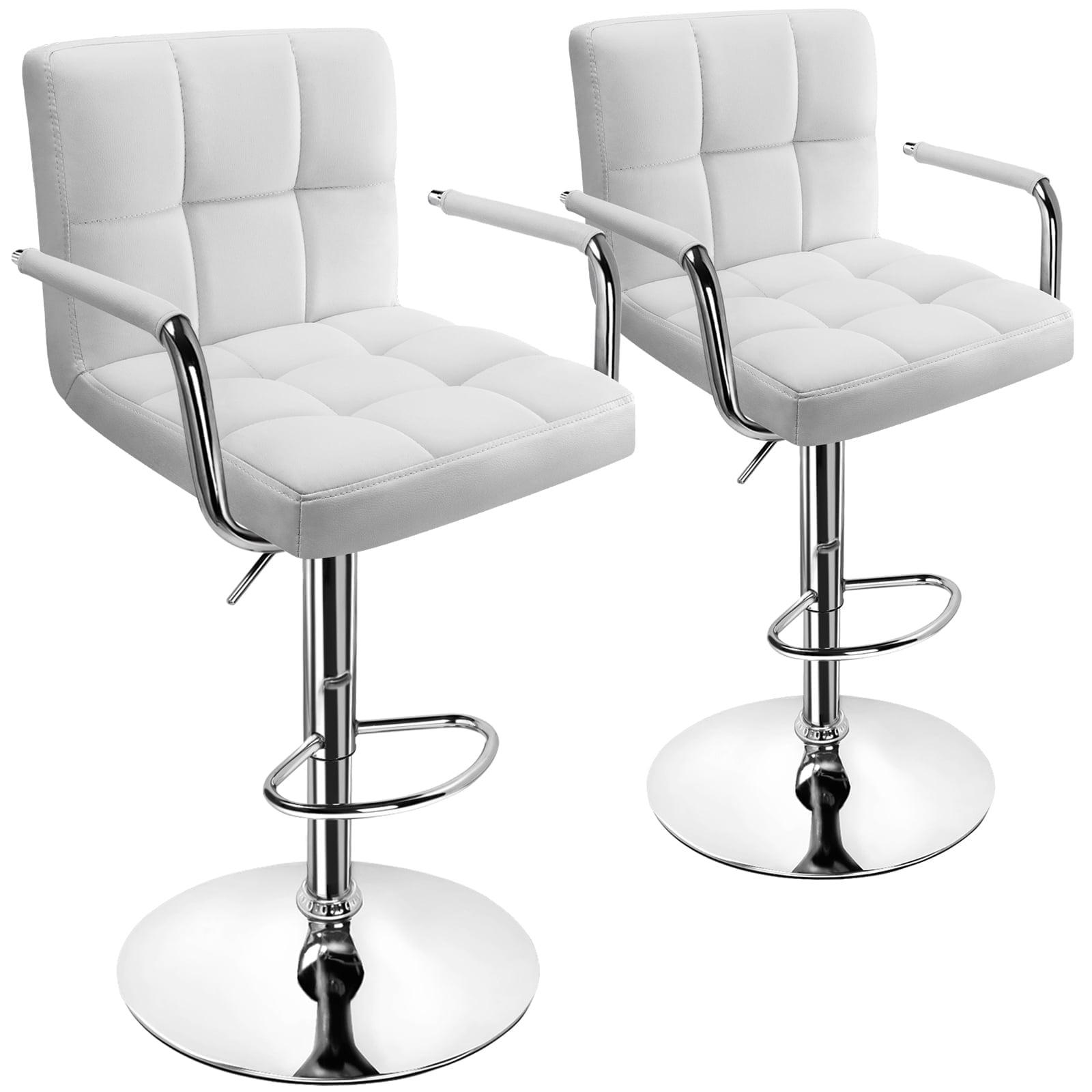 White Faux Leather Adjustable Swivel Bar Stools with Arms, Set of 2