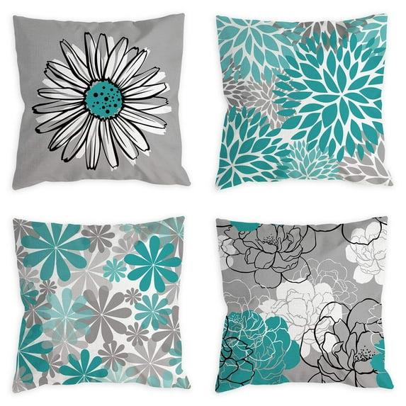 Husfou 4pcs Linen Pillow Covers 18x18 inch Turquoise and Grey Decorative Throw Pillow Case for Couch Modern Daisy Cushion Cover for Home Sofa Bedroom Decor