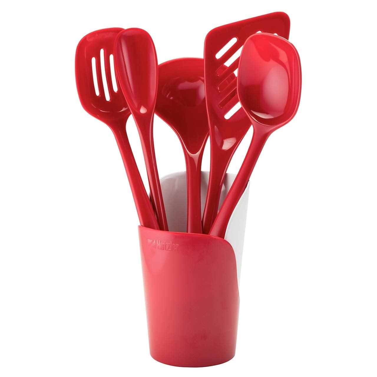 Hutzler 6-piece Melamine Cooking Utensils Set, Includes a 12-inch Long Slotted Spoon, Solid Spoon, Mixing Spoon, Slotted Turner, Soup Ladle, and Storage Crock - Red