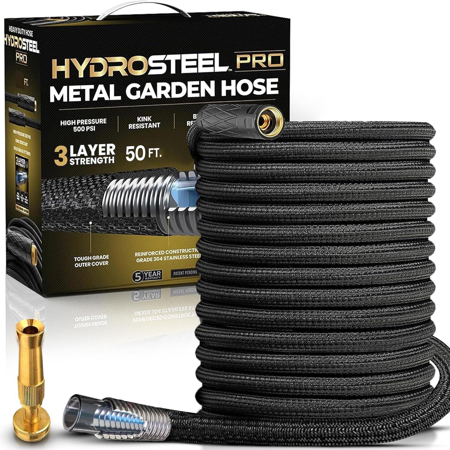 Hydrosteel Pro 50 Ft Heavy-Duty Flexible Lightweight 304 Stainless Steel Metal Water Hose with Brass Nozzle