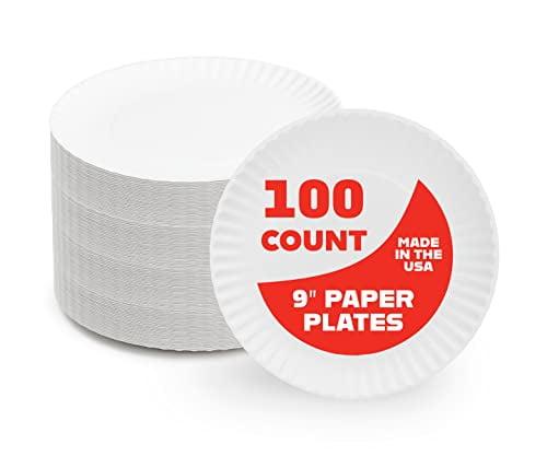 White 9-Inch Disposable Paper Plates, 100-Pack