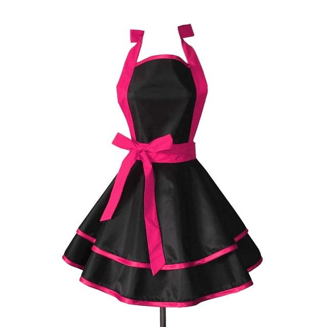 Hyzrz Lovely Handmade Cotton Retro Black Aprons for Women Girls Cake Kitchen Cook Apron for Mother's Gift (Red Rose)