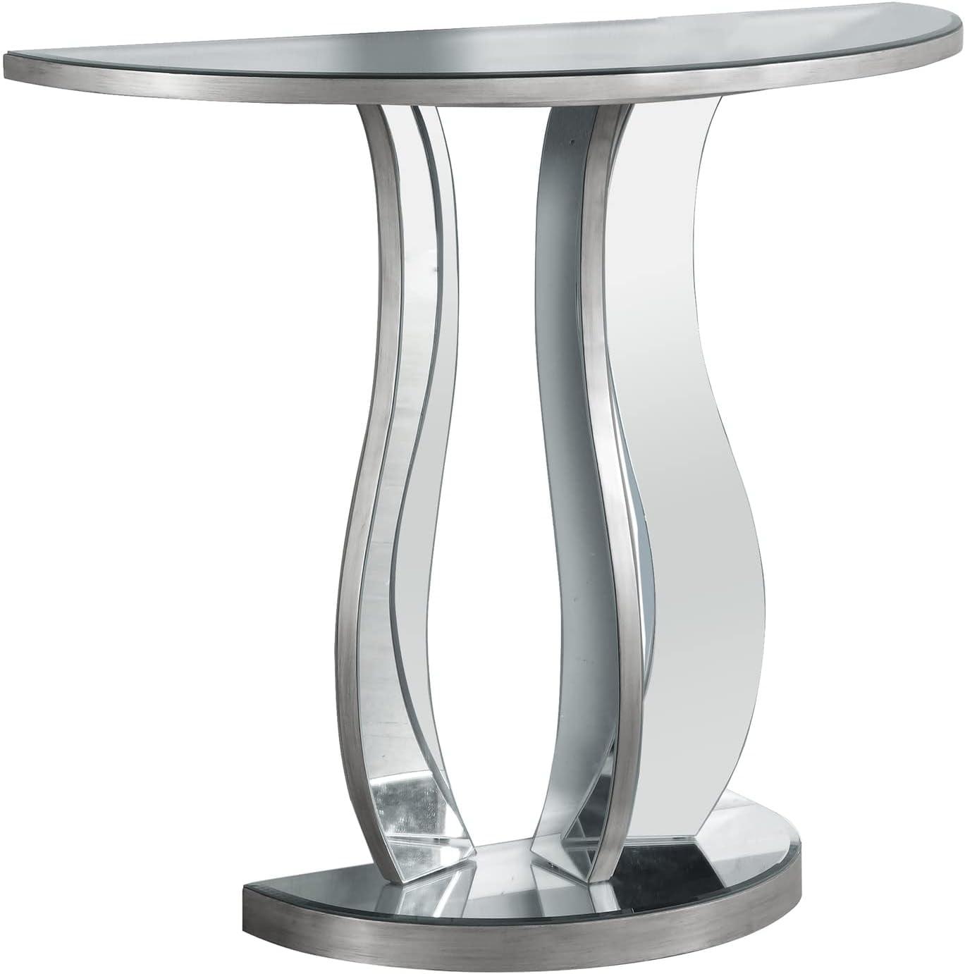 Contemporary Mirrored Demilune Console Table in Brushed Silver