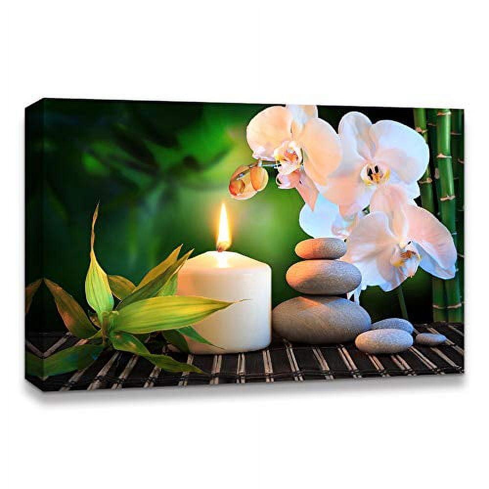 IDEA4WALL Zen Stones Relaxing Candle White Orchid Massage Stone Bamboo Forest Nature Yoga On Canvas Print
