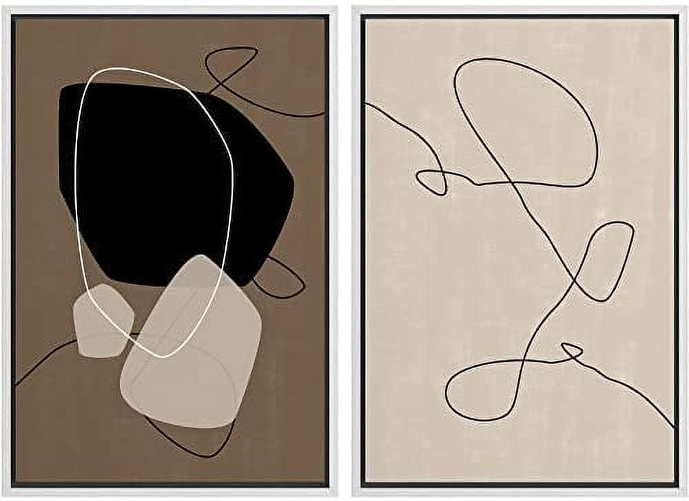 Mid Century Shape "Brown And Black Abstract Neutral Line Chic Framed Canvas Print 2 Pieces Wall Art