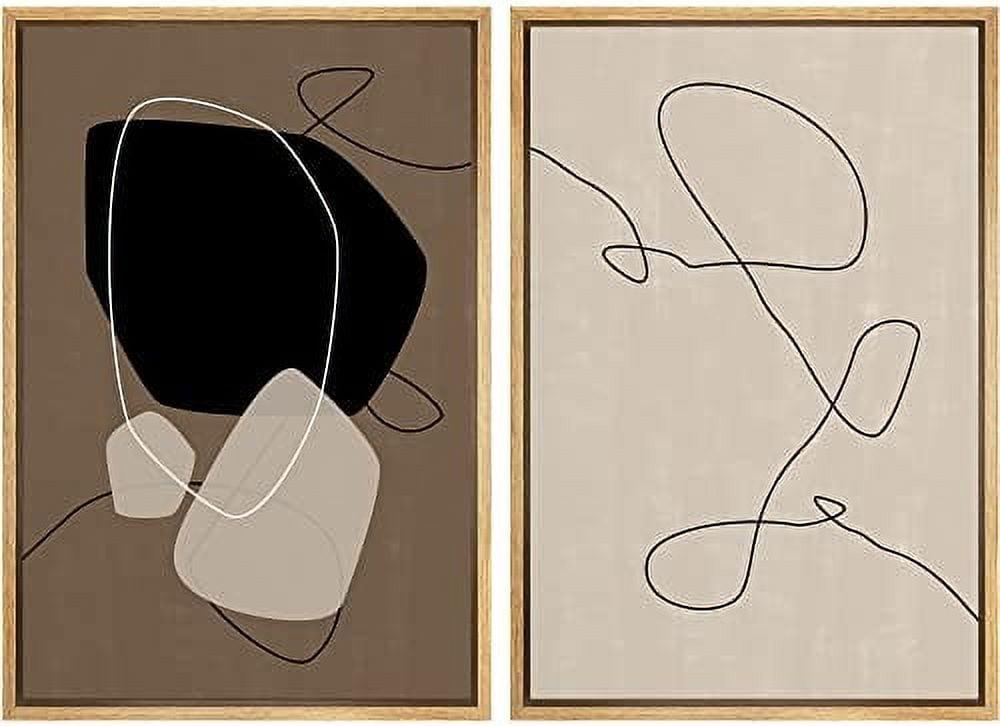 Mid Century Shape "Brown And Black Abstract Neutral Line Chic Framed Canvas Print 2 Pieces Wall Art