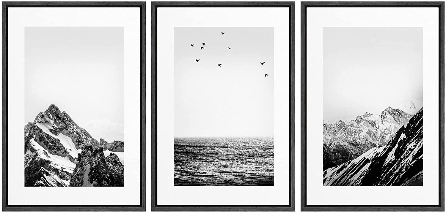 Coastal Beach Black White Photo Snowy Winter Mountain Neutral Pictures Framed Canvas 3 Pieces Print Wall Art