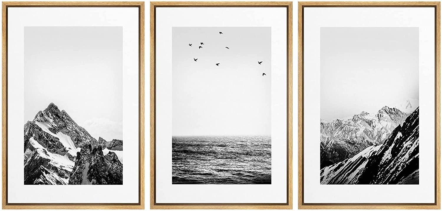 Coastal Beach Black White Photo Snowy Winter Mountain Neutral Pictures Framed Canvas 3 Pieces Print Wall Art