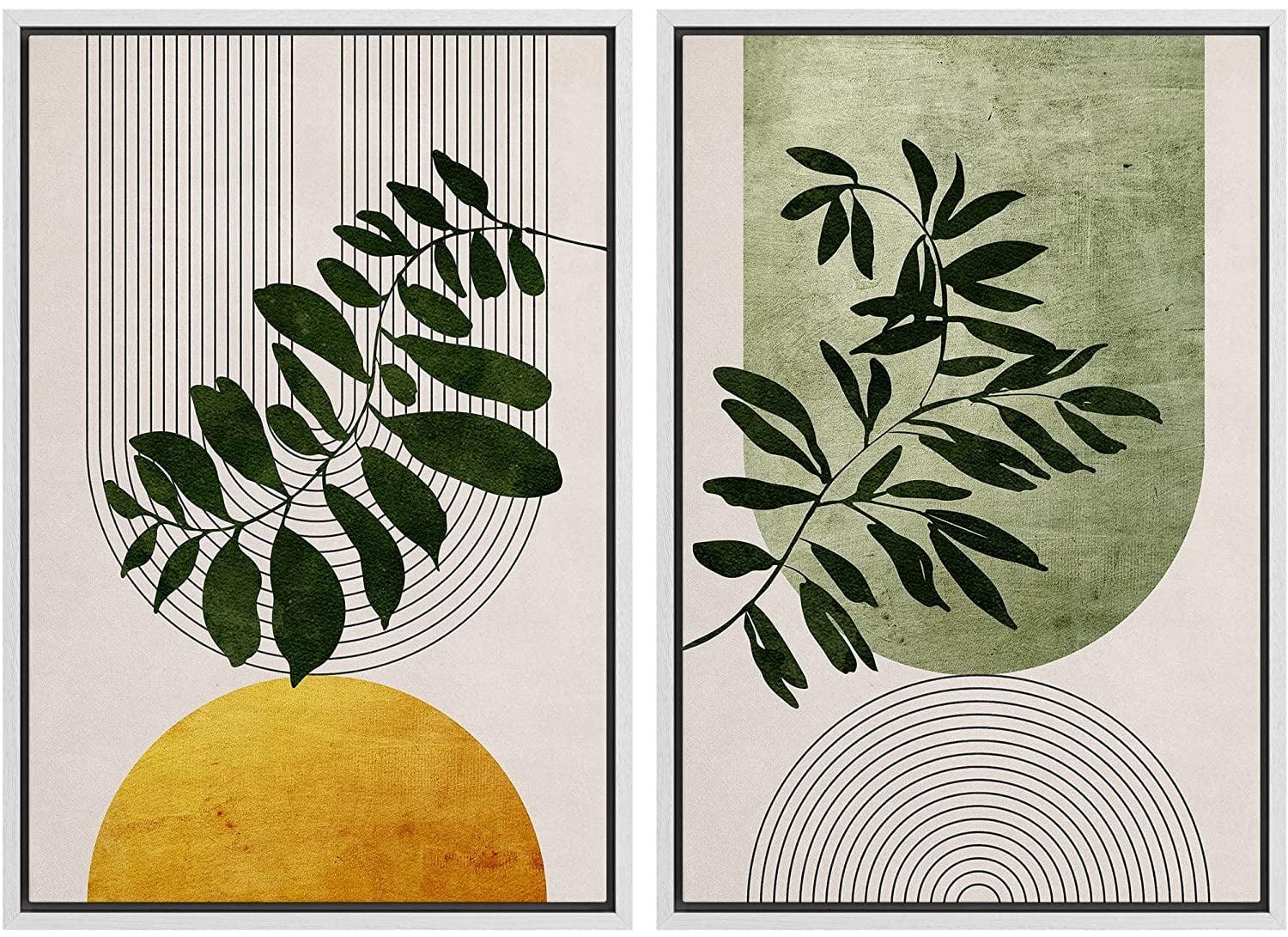 IDEA4WALL Mid Century Modern Boho Green Yellow Bright Plant Art Framed Canvas 2 Pieces Print  Wall Art Set