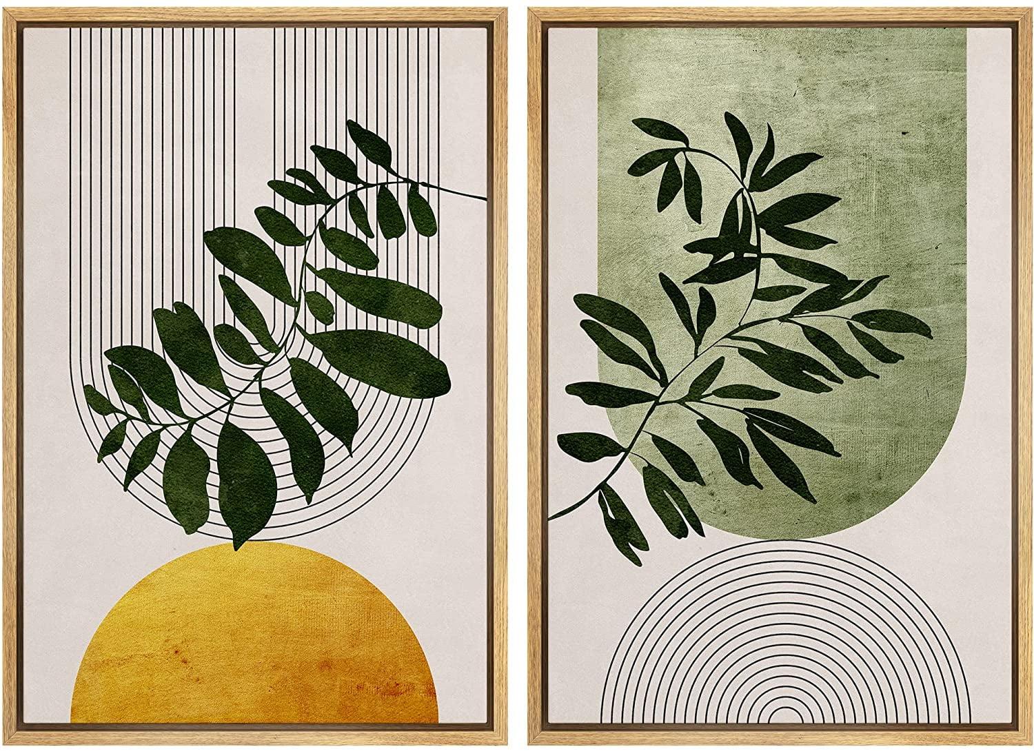 Mid Century Modern Boho Green Yellow Bright Plant Art Framed Canvas 2 Pieces Print  Wall Art Set