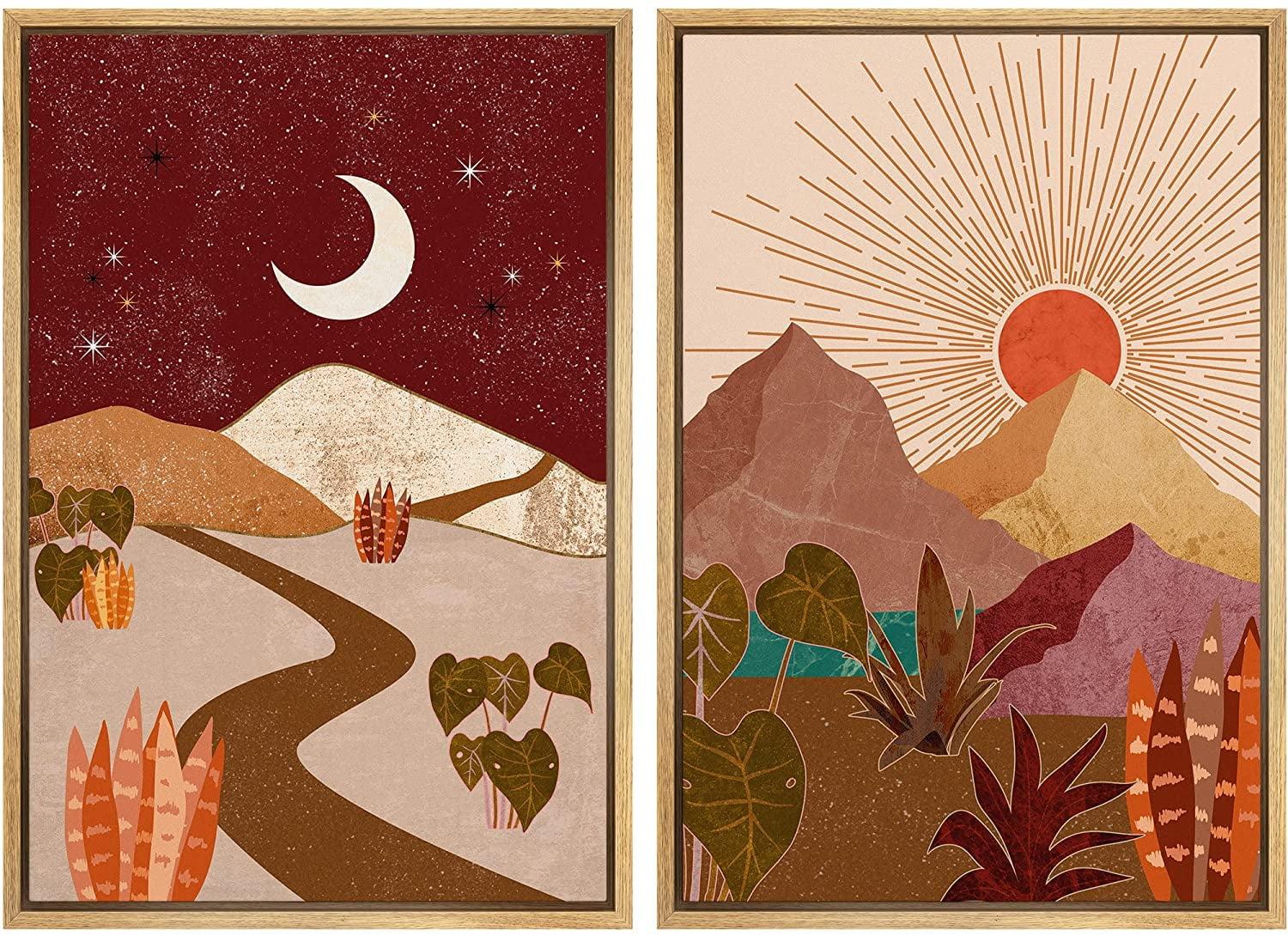 Sun And Moon " Moon & Sun, Day & Night Desert Mountain Landscape Wall Art " 2 - Pieces