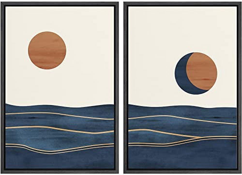 Sun And Moon " Abstract Sun Over Blue Watercolor Ocean Waves Modern Minimalist Landscape " 2 - Pieces