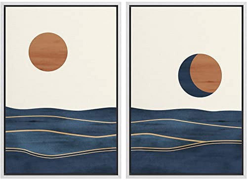Sun And Moon " Abstract Sun Over Blue Watercolor Ocean Waves Modern Minimalist Landscape " 2 - Pieces