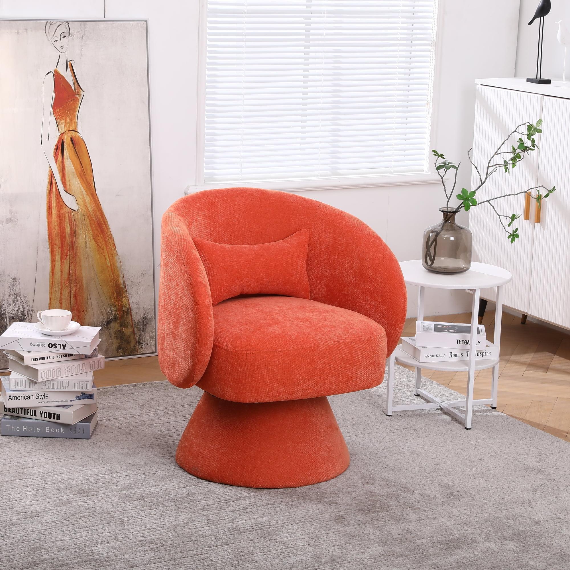 Orange Linen Swivel Barrel Chair with Pillow