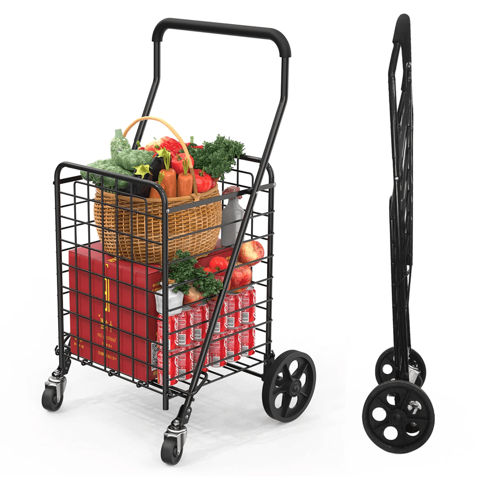 Tangkula Folding Shopping Cart Utility Trolley Grocery Cart with Wheels Black/ Silver