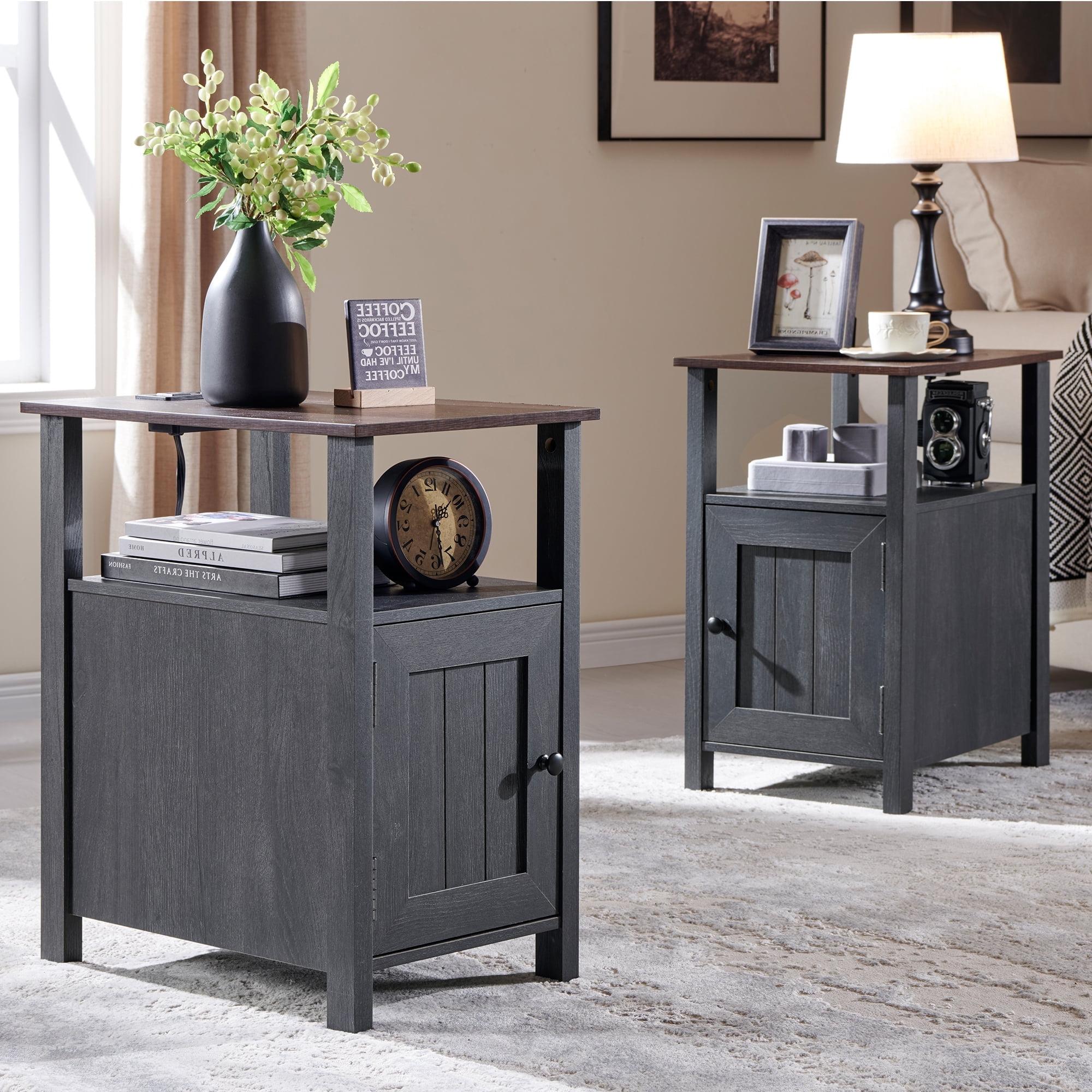 2 PCS Nightstand with Charging Station & Barn Door & Open Shelves，Farmhouse End Table for Bedroom, Living Room, Gray