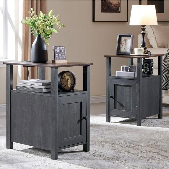 2 PCS Nightstand with Charging Station & Barn Door & Open Shelves，Farmhouse End Table for Bedroom, Living Room, Gray