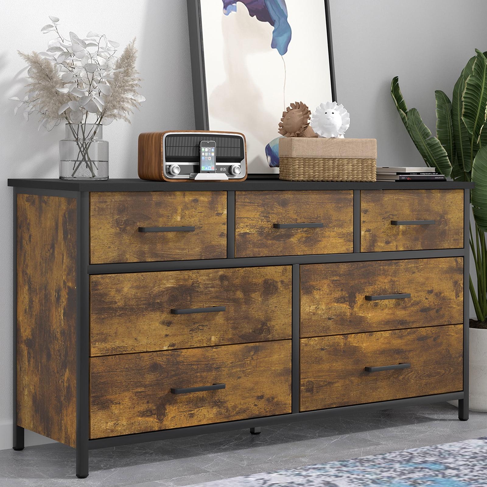 IKENO 7 Drawer Dresser, Industrial Wood Storage Dressers & Chests of Drawers with Sturdy Steel Frame, Storage Dresser for Bedroom Wood