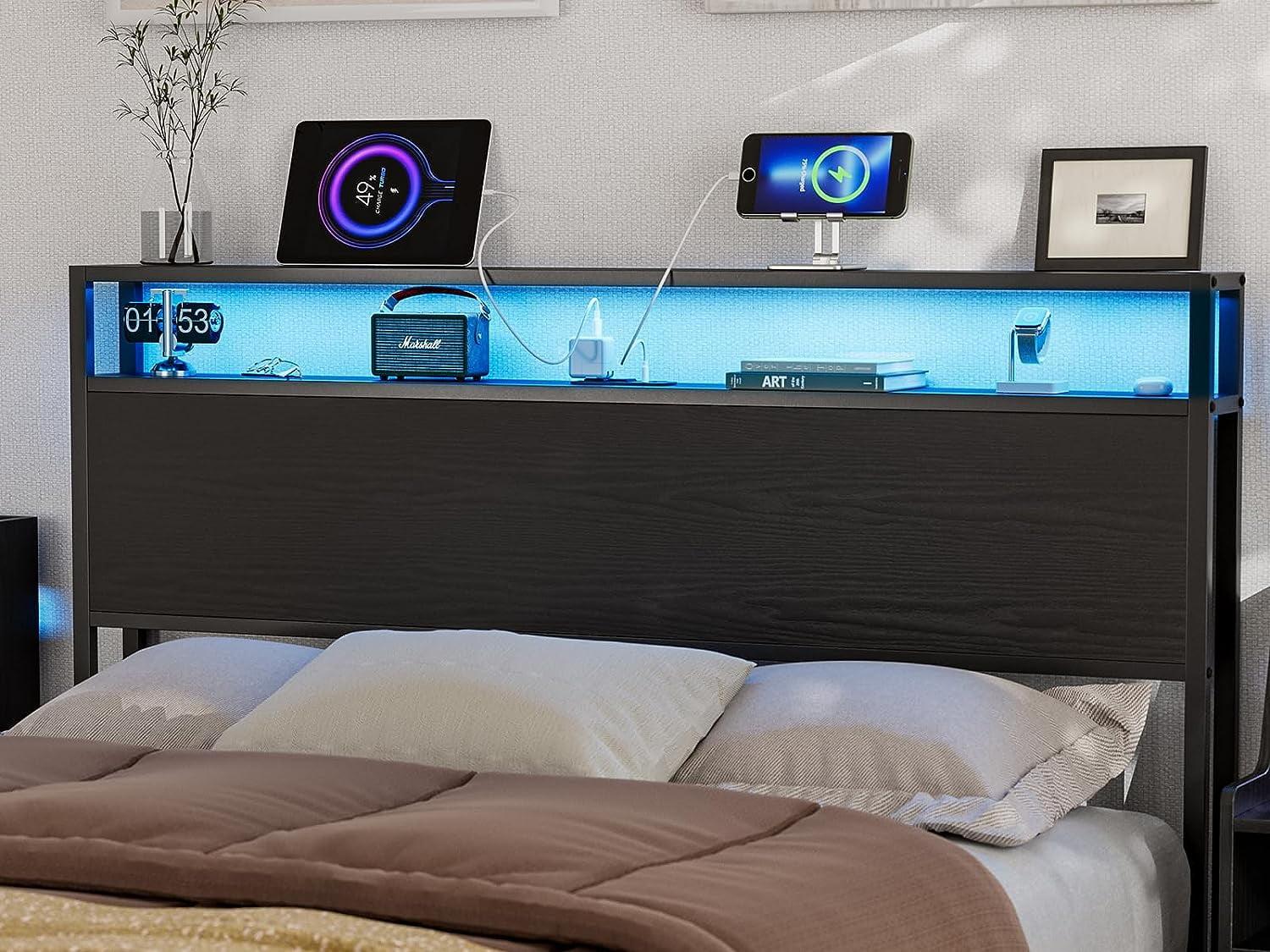 Ivy Bronx Kaiwei Storage Headboard With Led Lights & Charging Station - Industrial Metal And Wood