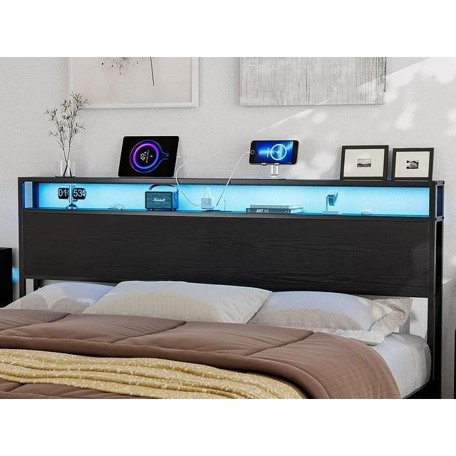 Kaiwei Storage Headboard With Led Lights & Charging Station - Industrial Metal And Wood