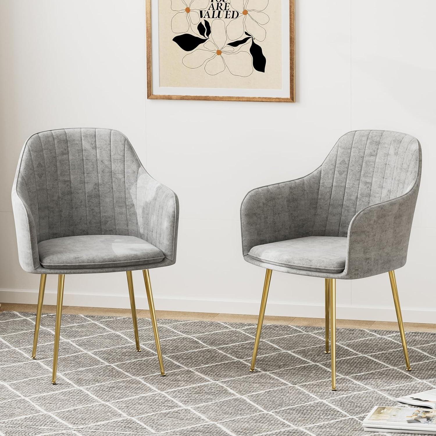 Modern Dining Room Accent Armchairs Set of 2, Velvet Mid-Century Upholstered Seat with Golden Legs for Living Room Club Guest, Gray