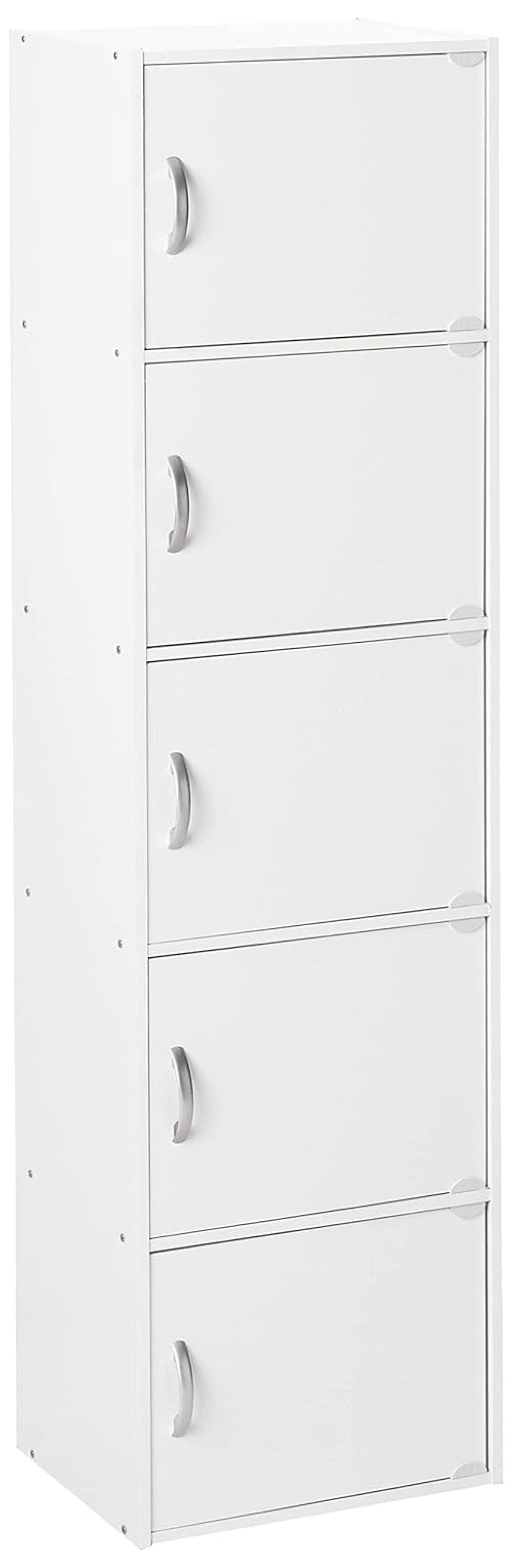 Hodedah HID5 High Quality 5 Shelf Home, Office, and School Enclosed Organization Storage 59 Inch Tall Slim Bookcase Cabinets, White Finish
