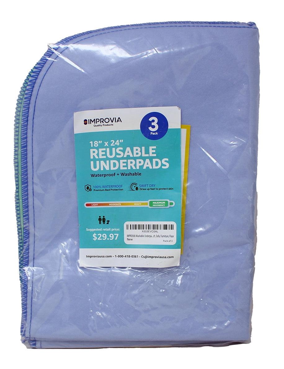 Improvia  18" x 24" Washable Underpads, Heavy Absorbency Reusable Bedwetting Incontinence Pads - Blue, Pack of 3