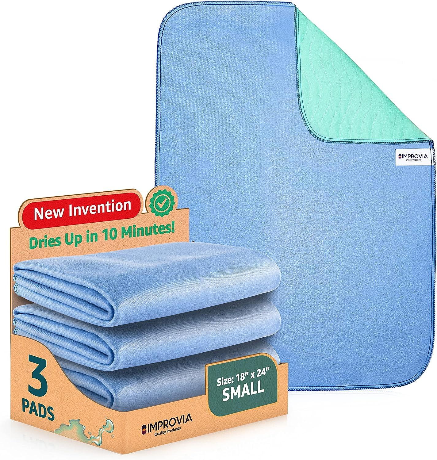 Improvia  18" x 24" Washable Underpads, Heavy Absorbency Reusable Bedwetting Incontinence Pads - Blue, Pack of 3