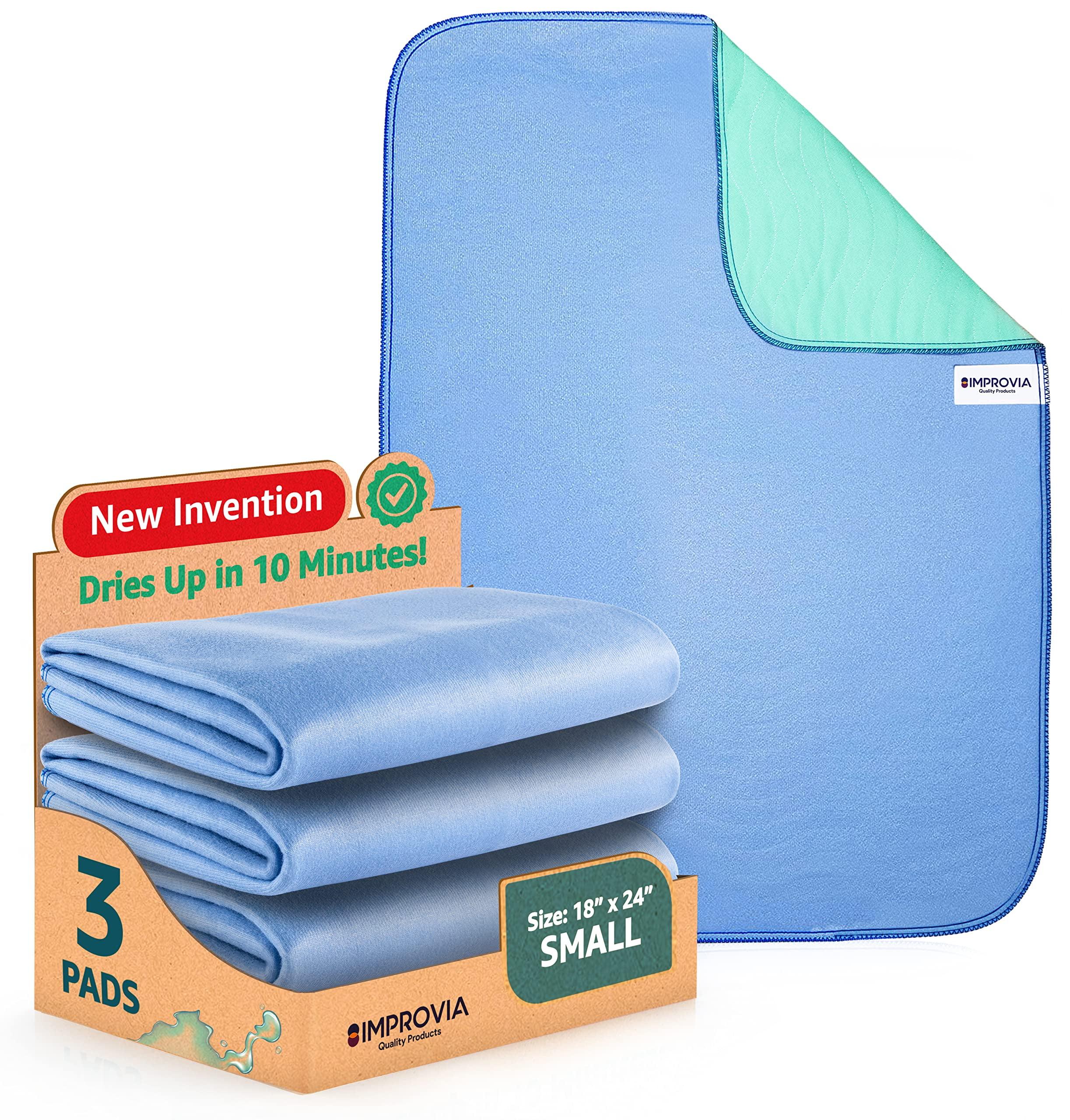 Improvia  18" x 24" Washable Underpads, Heavy Absorbency Reusable Bedwetting Incontinence Pads - Blue, Pack of 3