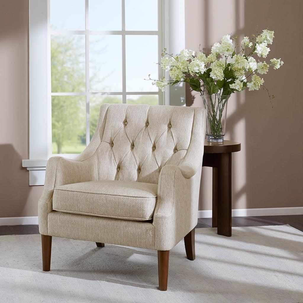 Elegant Beige Handcrafted Wood Accent Chair with Button Tufted Back